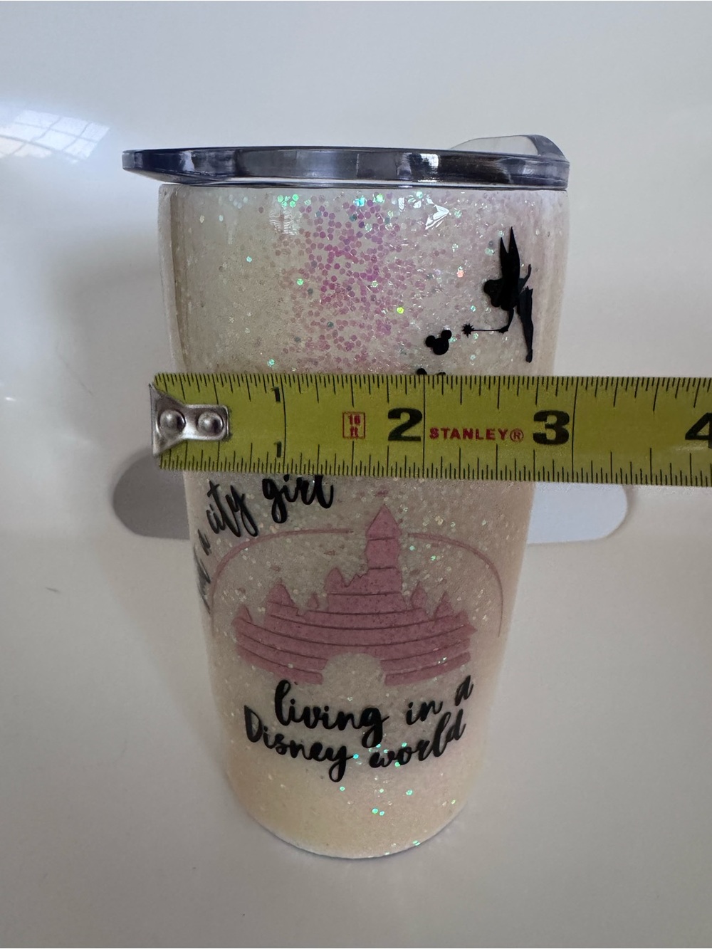 Disney Inspired Cream Glitter Tumbler 20 oz Pink Castle Tinkerbell Travel Cup - Picture 9 of 10